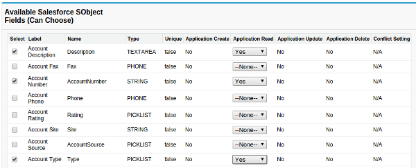 Screenshot of MobileCaddy mobilise table field CRUD settings